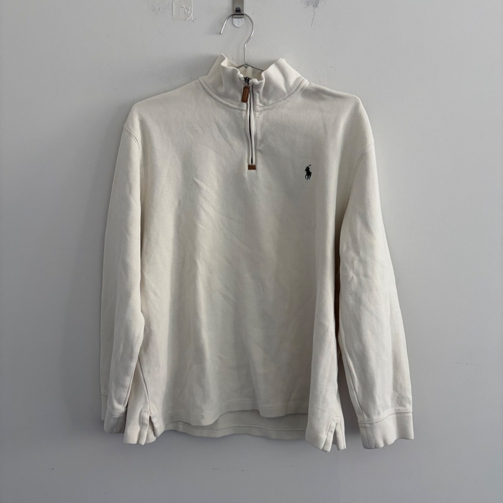 Polo Ralph Lauren Mens Large Cream 1/4 Zip Pullover Ribbed Cotton Sweater